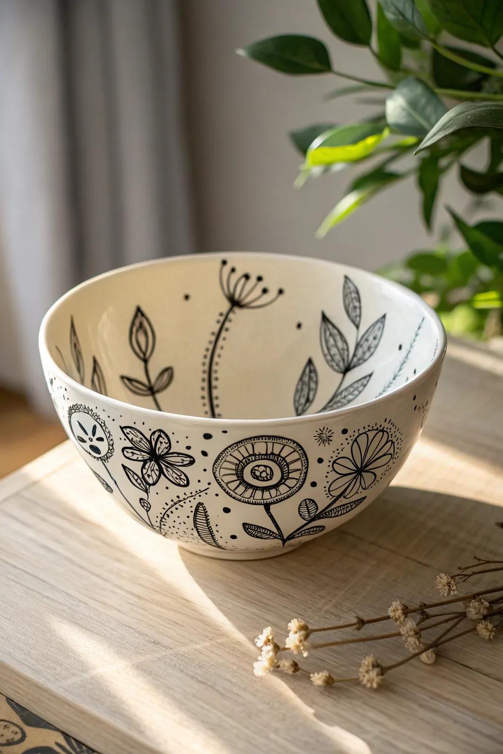 Let your creativity bloom with doodle art on ceramic bowls, where simplicity meets elegance.