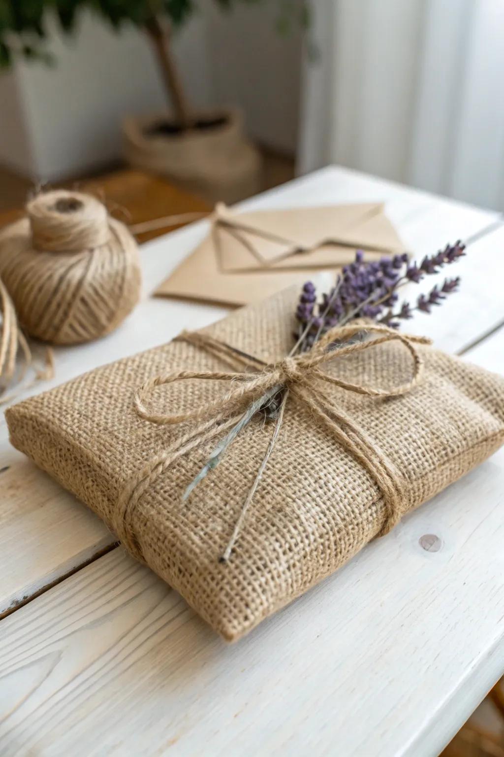 Wrap your bridal shower gifts in rustic elegance with burlap and twine for a touch of natural beauty.