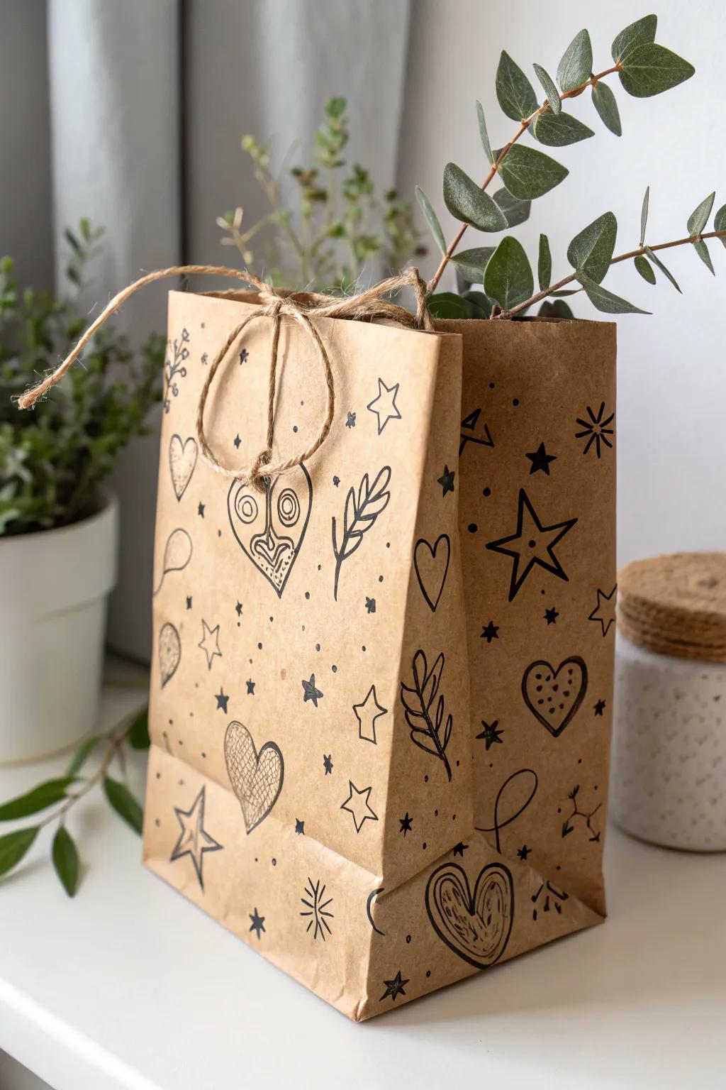 Unleash creativity with charming doodles on brown paper gift wrap, perfect for a personal touch.