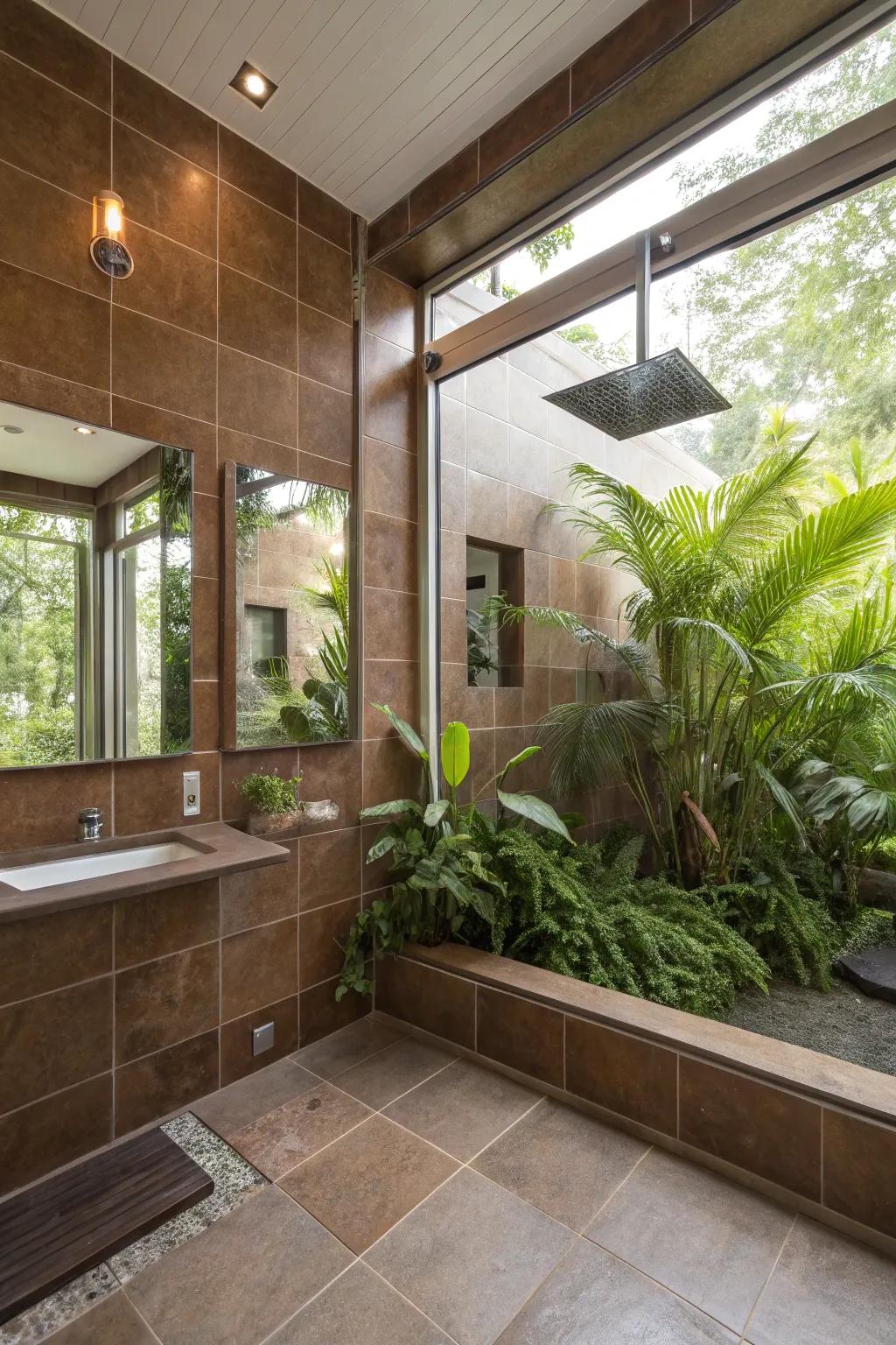 Mirrors and greenery enhance the natural appeal of brown tile showers.