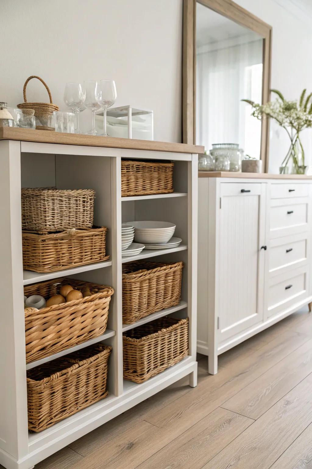 Elevate your storage game with chic wicker baskets for a tidy and rustic buffet makeover.