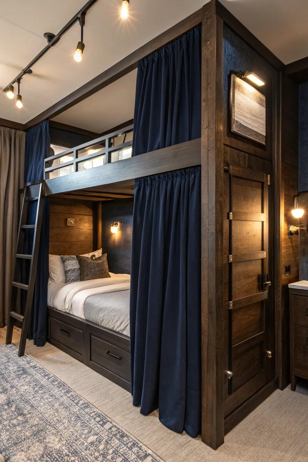 Transform your shared space into a personal retreat with stylish bunk beds featuring privacy curtains.