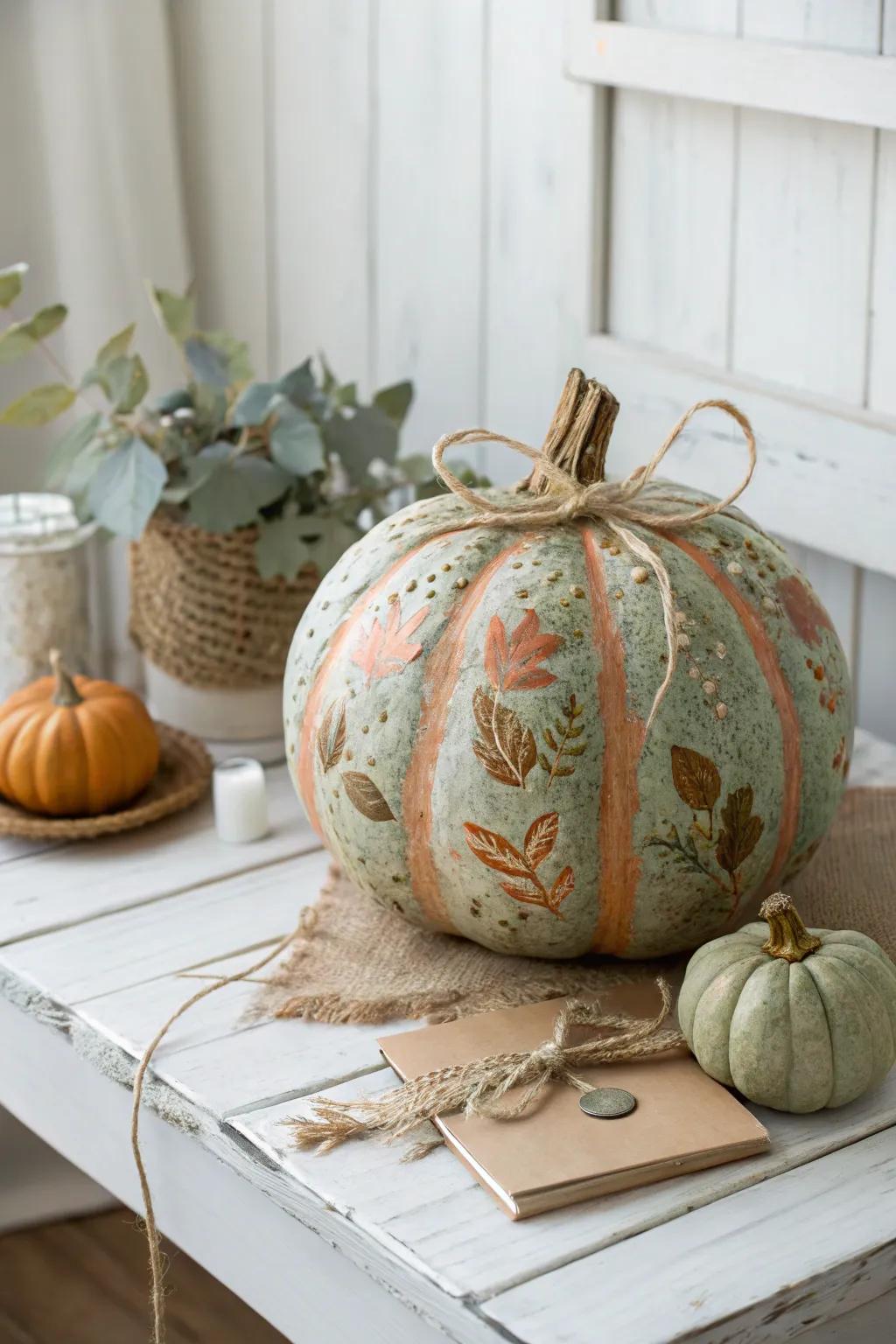 Embrace rustic charm with a beautifully painted pumpkin, perfect for a cozy farmhouse vibe.