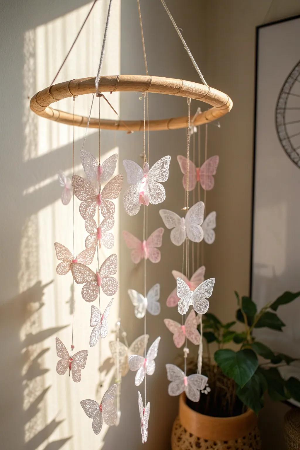 Breathe new life into your space with an enchanting upcycled butterfly mobile that dances in the light.