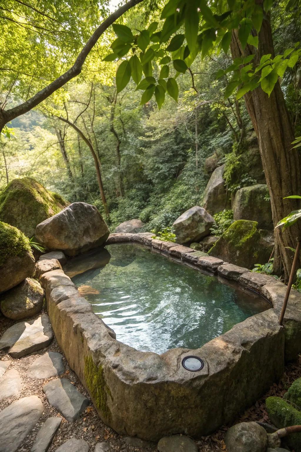 Embrace nature's luxury with a tranquil rock basin shower experience.