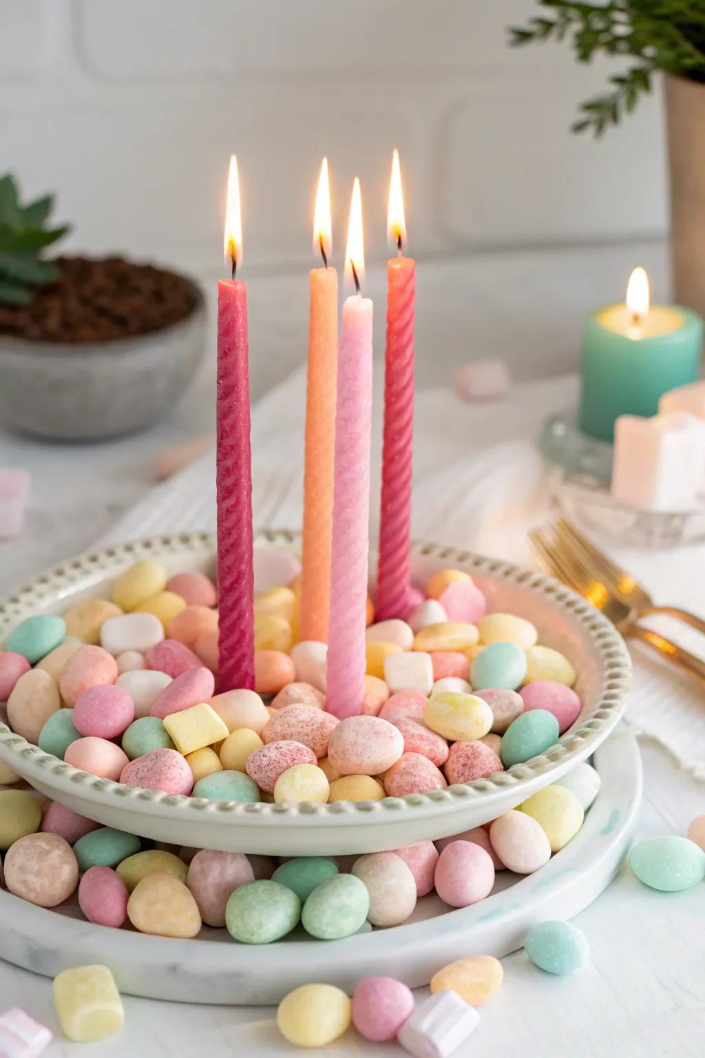 Candles and candies create a warm centerpiece.