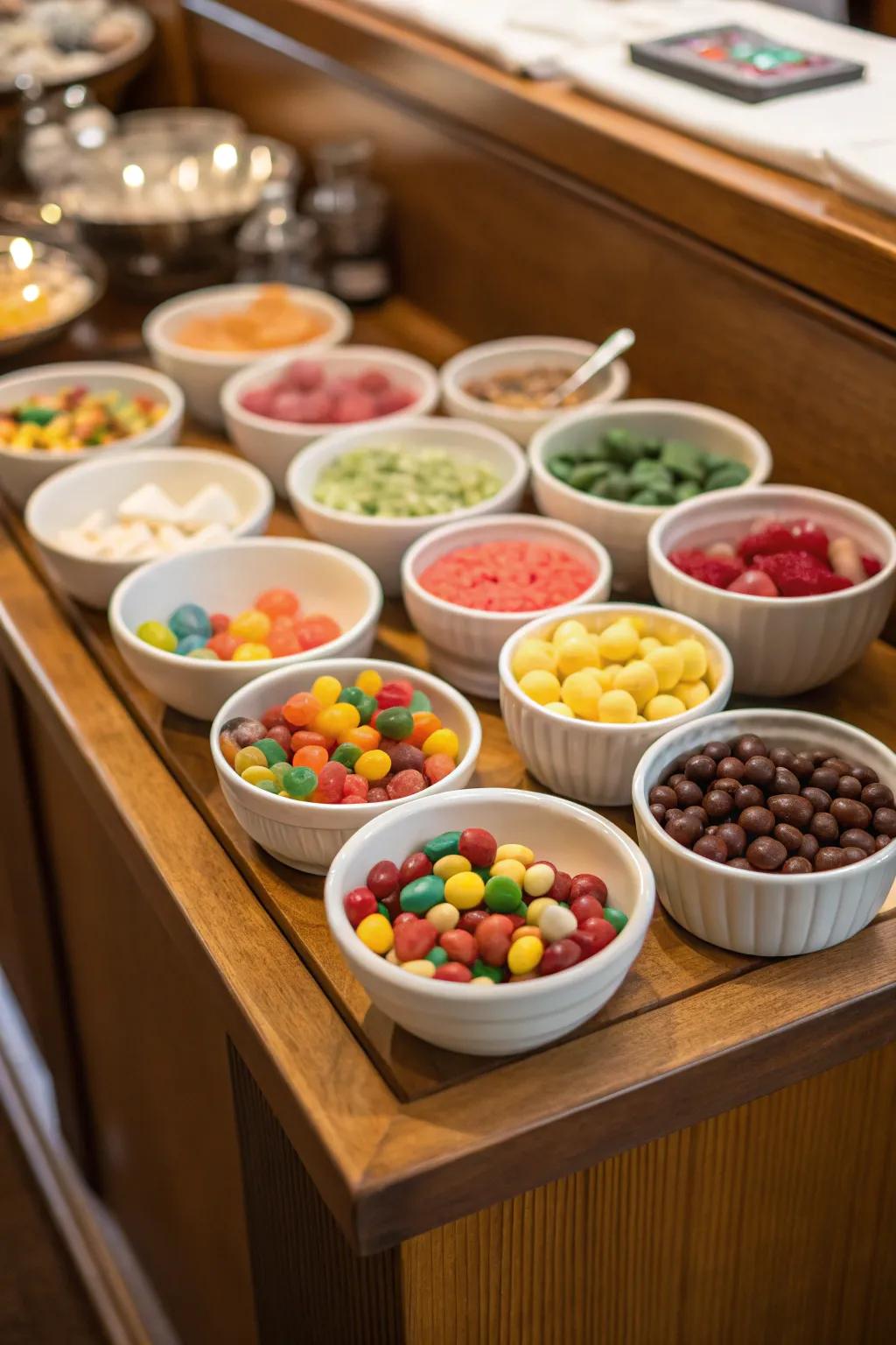 Mini candy bowls create a charming candy buffet at home.