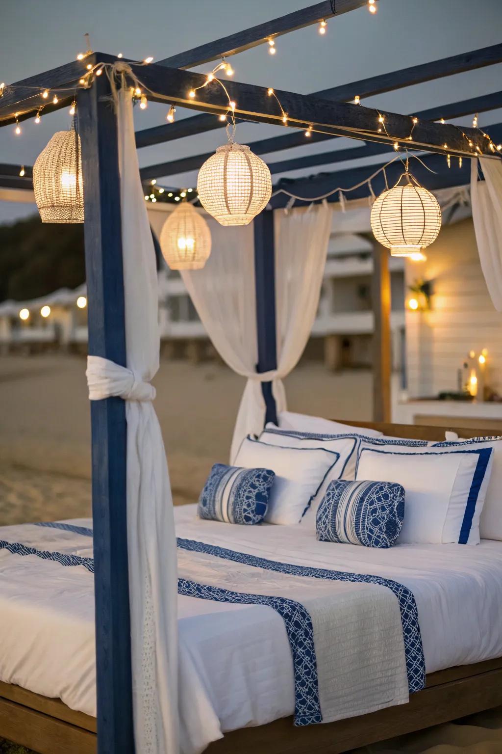Nautical lights evoke a relaxed, coastal vibe around your canopy bed.
