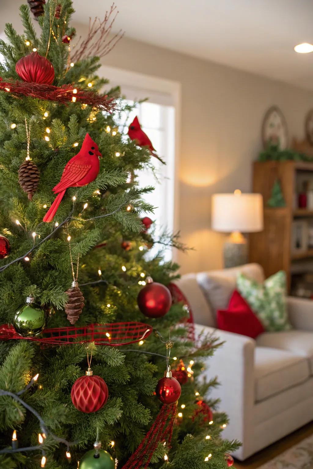 Greenery elements complement the vibrant reds.