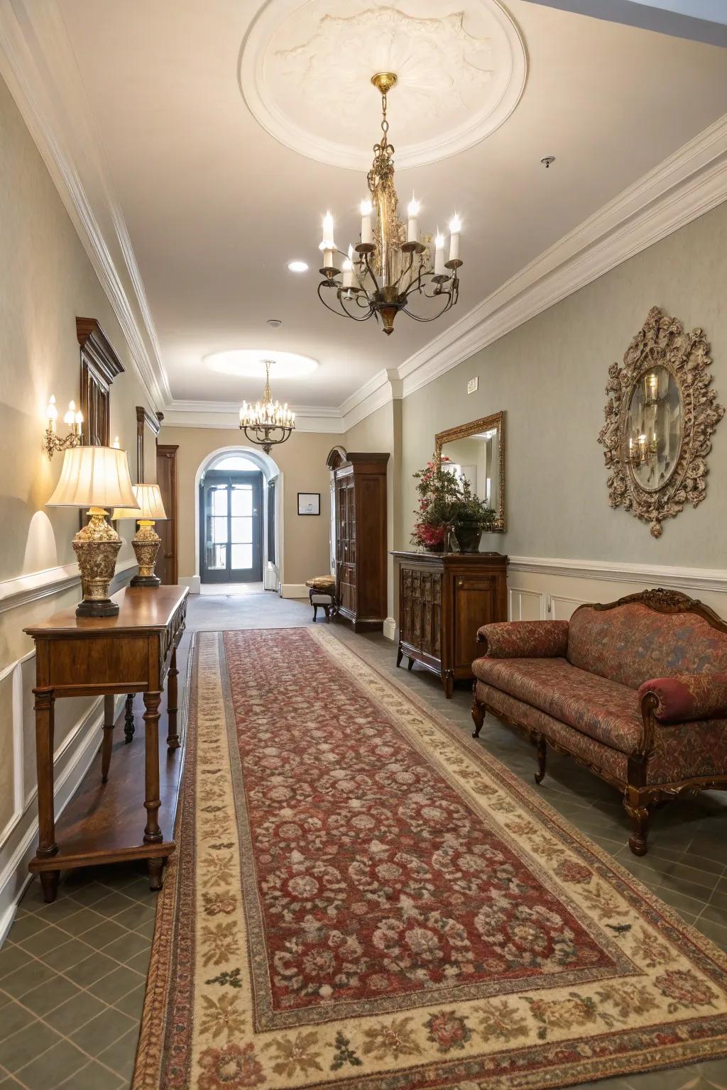A foyer enriched by a vintage-inspired carpet.