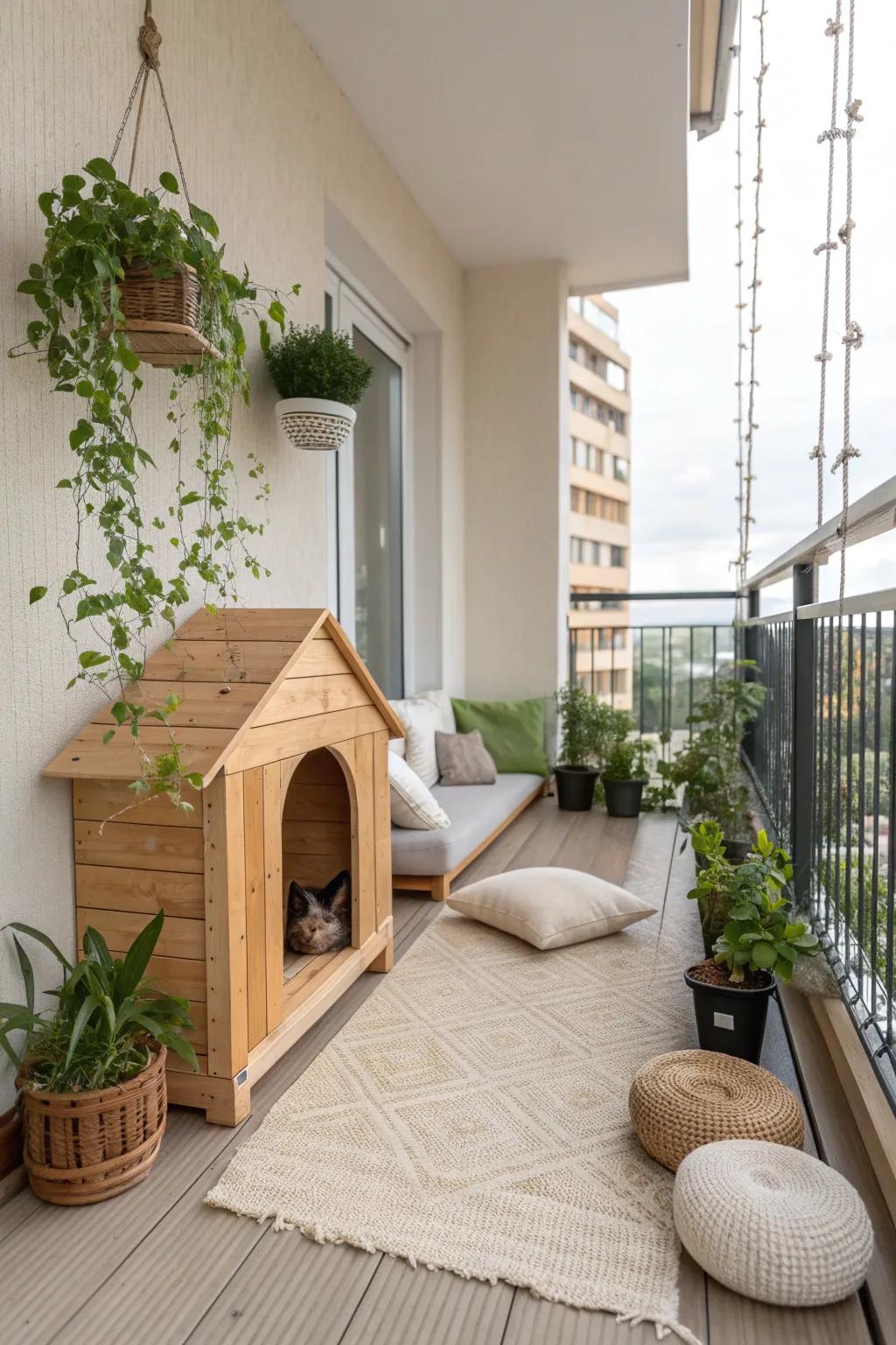 Transform your balcony into a serene cat oasis with Scandinavian and Boho flair. #CatioDesign #MinimalistLiving