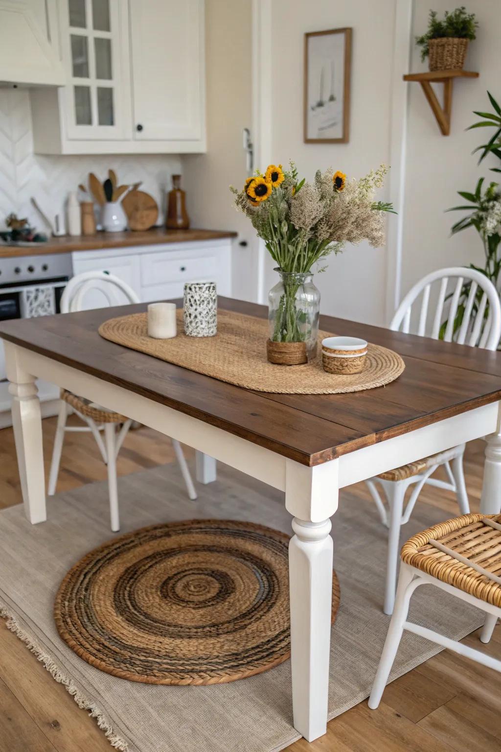 Transform your space with the timeless elegance of a walnut chalk-painted dining table.