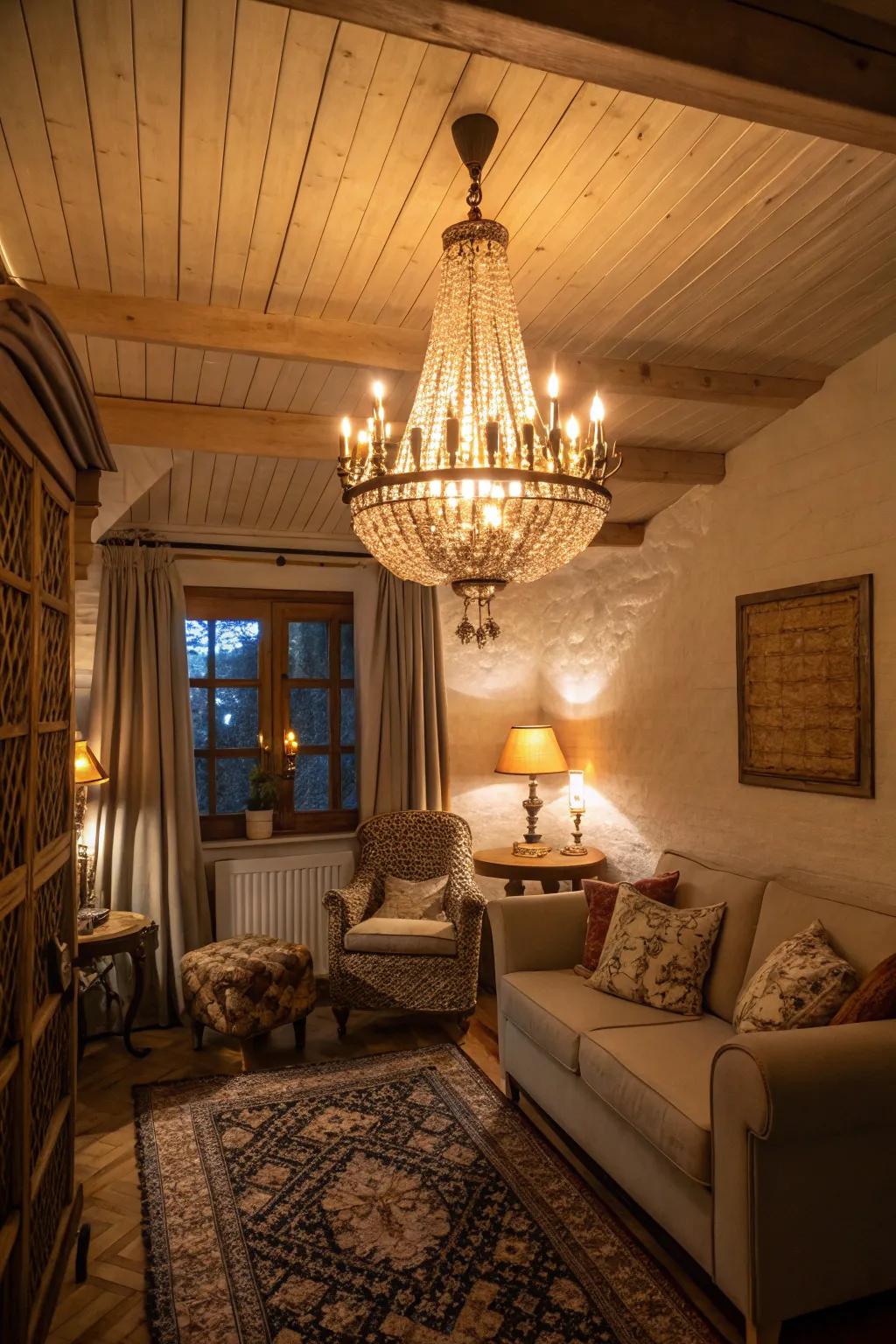 A cozy small room with a mini chandelier that provides a big impact.