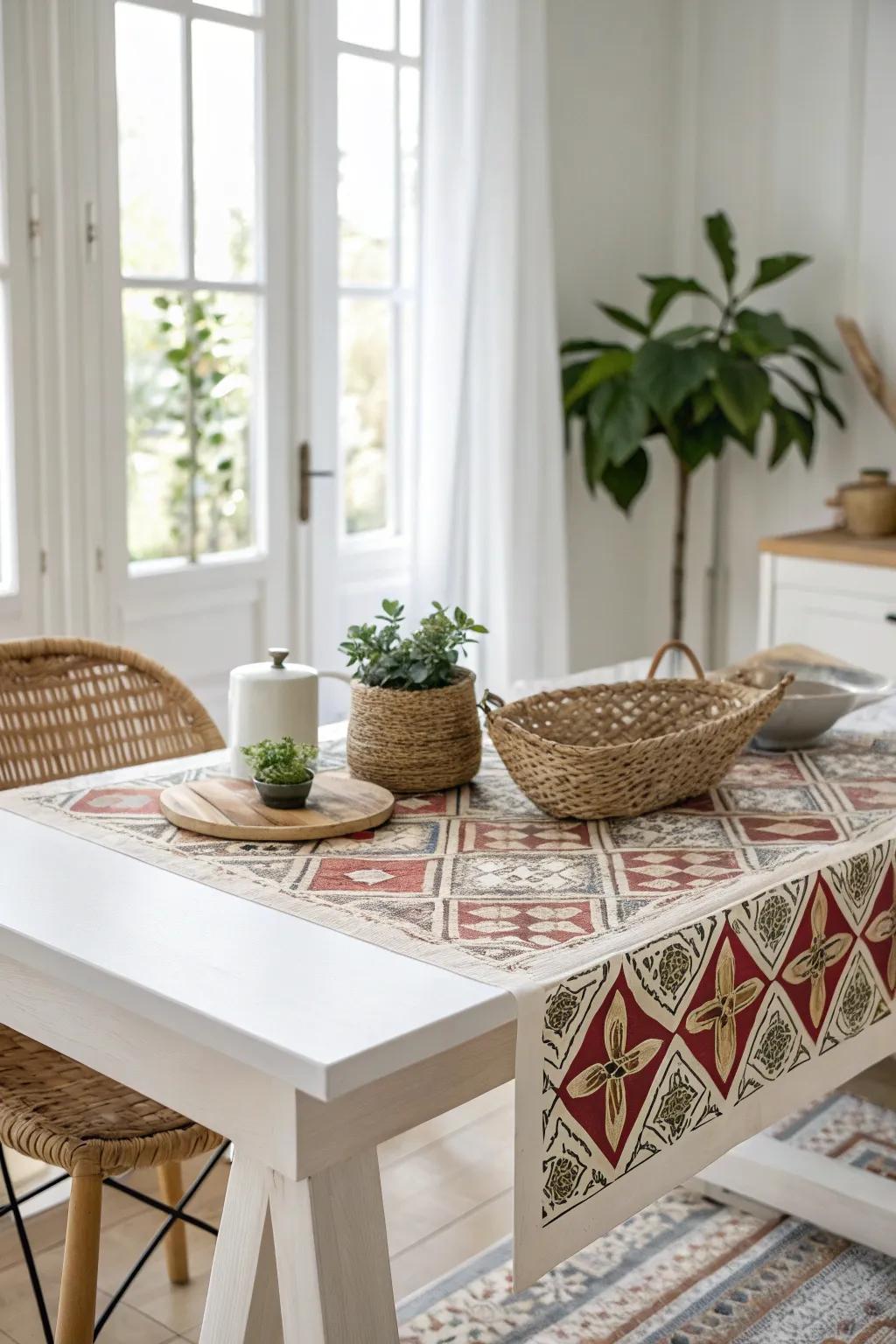Transform your table into a statement piece with a bold wallpaper overlay for an easy and chic update!