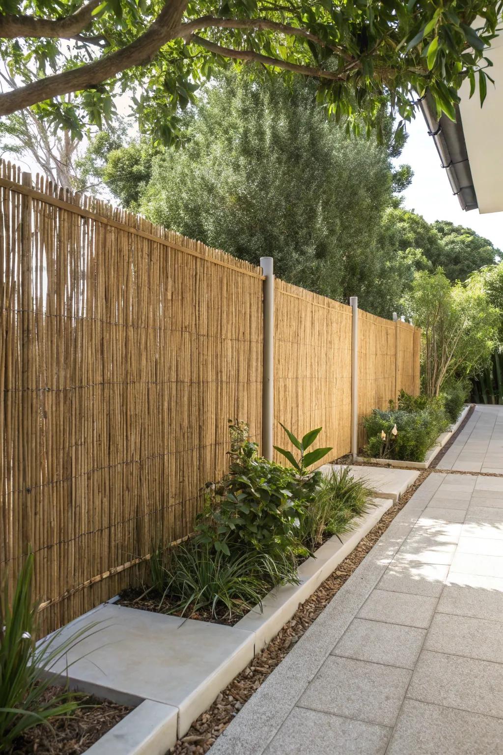 Embrace natural beauty with a minimalist reed fence for a serene garden retreat.