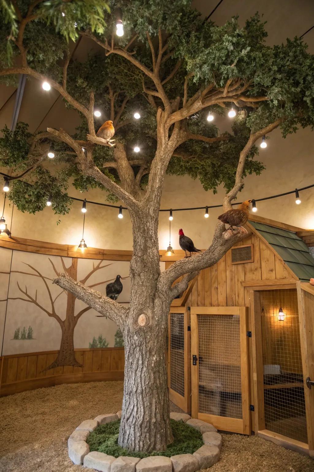 Transform your chicken coop into a captivating retreat with a stunning roosting tree centerpiece.