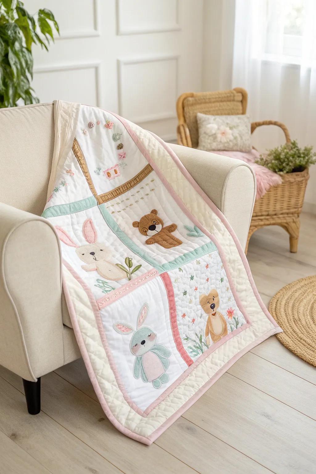 Wrap your little ones in warmth and whimsy with this charming cuddly critters quilt.