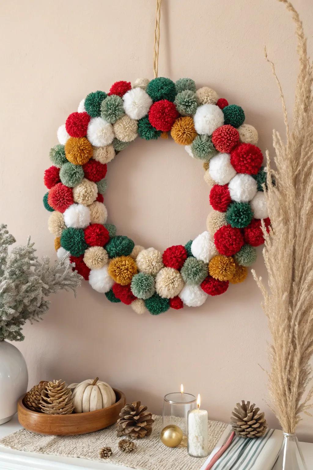 Add a touch of whimsy to your home this holiday season with a playful pom-pom wreath!