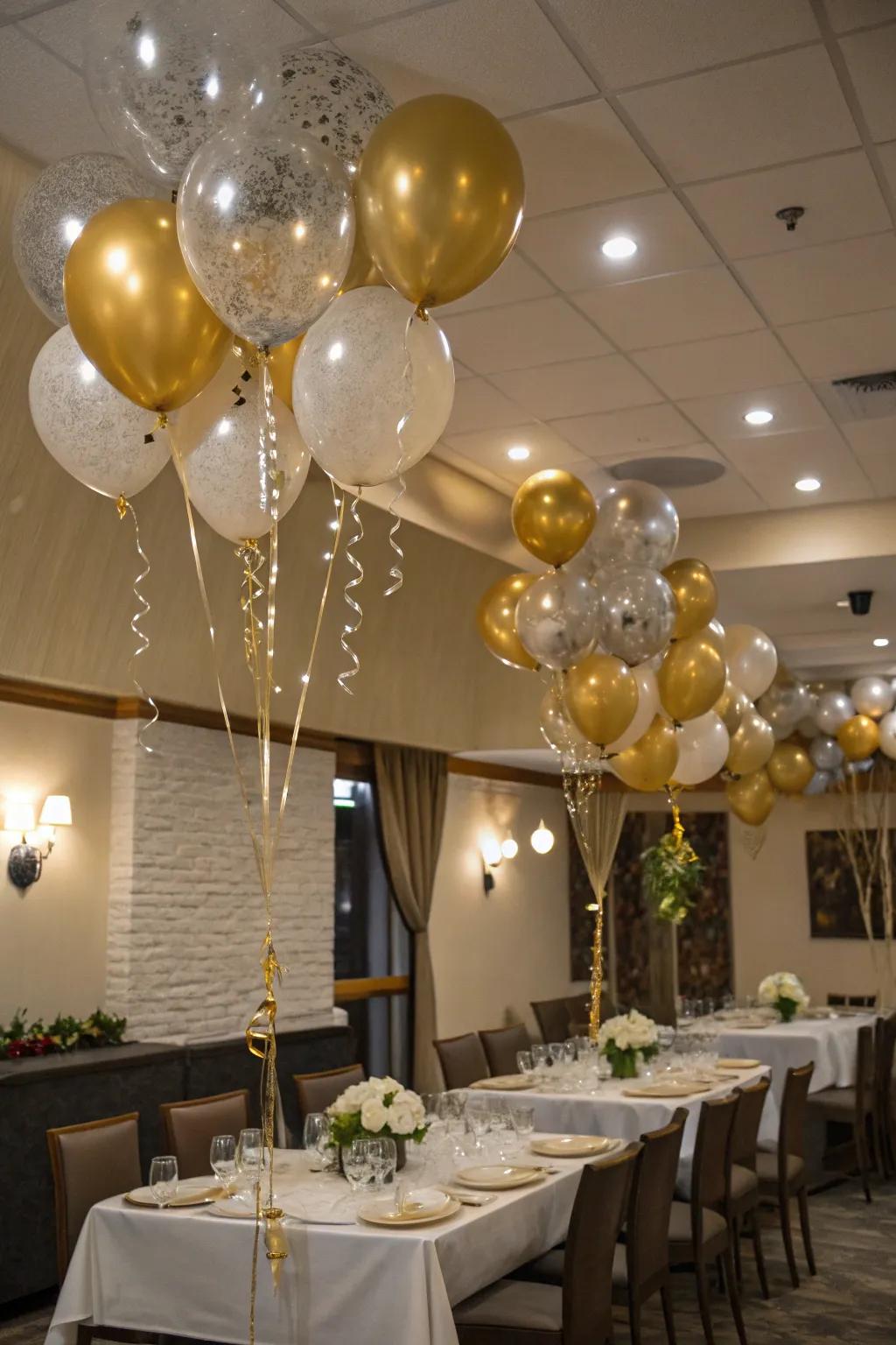 A whimsical balloon canopy adding festive flair to the dining area.