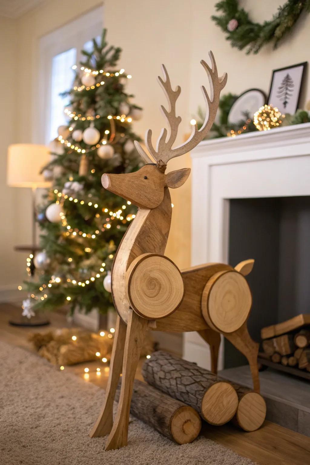 Welcome the holiday spirit with this charming wooden reindeer decor, a perfect blend of rustic elegance and festive cheer.