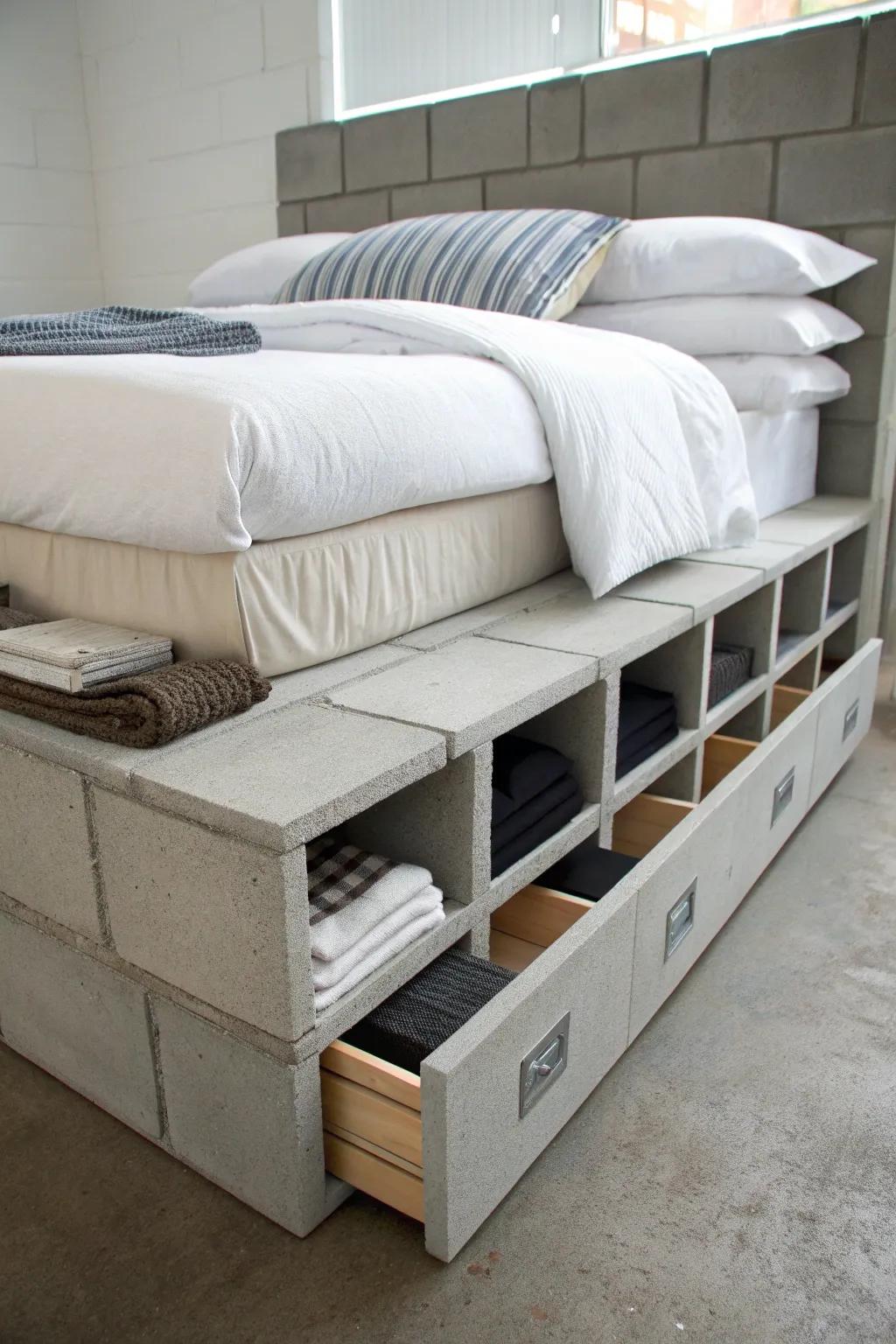 Transform your space with this sleek cinder block bed frame, a perfect blend of style and functionality. #DIYStorage #ModernDesign