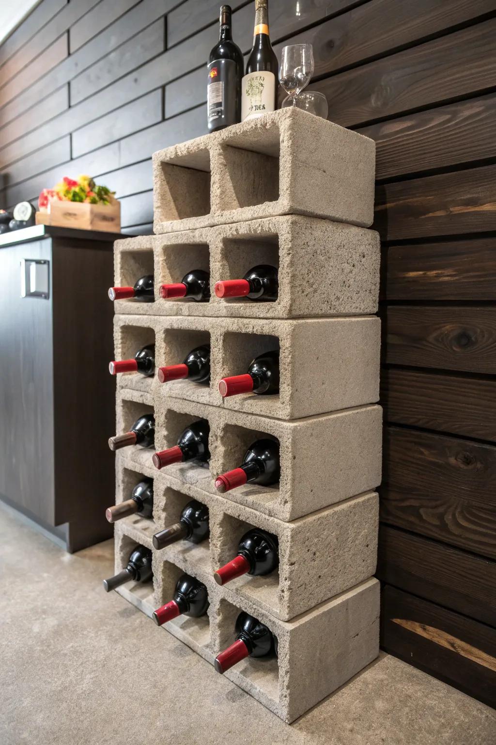Transform your space with this stylish cinder block wine rack—where rustic meets elegance.