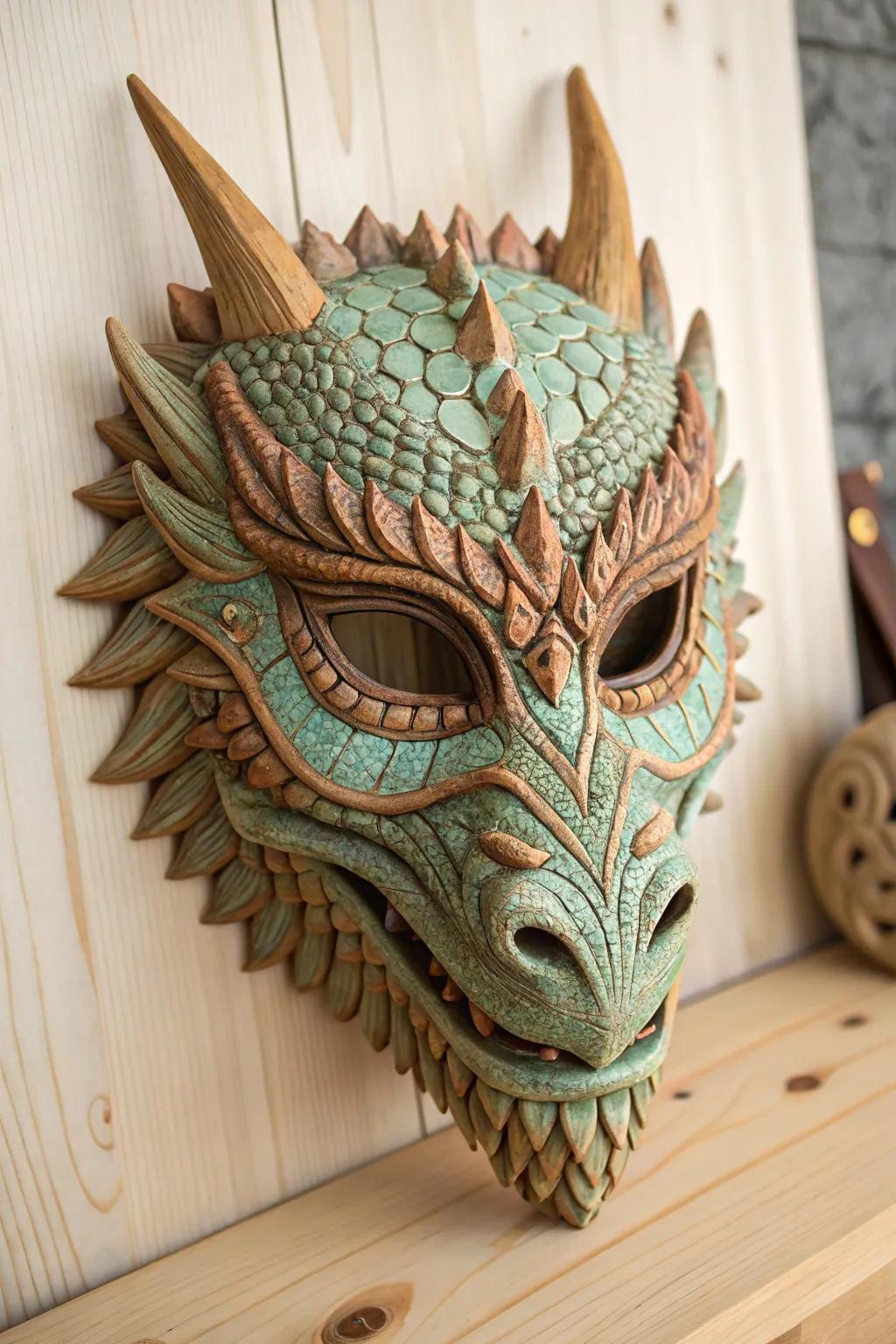 Unleash your imagination with this stunning dragon clay mask, where fantasy meets artistry.