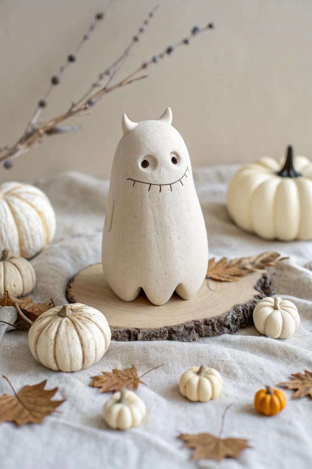 Embrace the season with a touch of minimalist magic: handcrafted clay monster with tiny pumpkins.