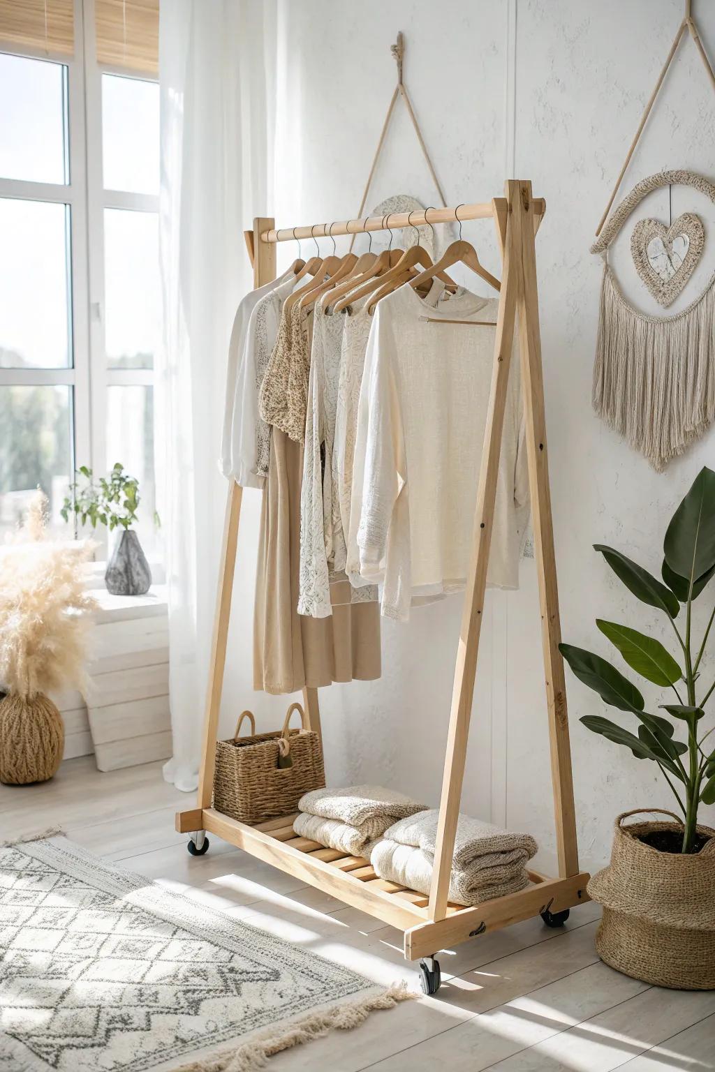 Effortless elegance on wheels: Style meets flexibility with this chic rolling clothing rack.