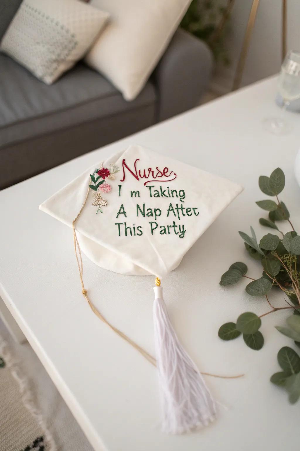 Celebrate your journey with a cap that says it all: 'Nurse, I’m taking a nap after this party.' #CNAstyle #MinimalistGraduation