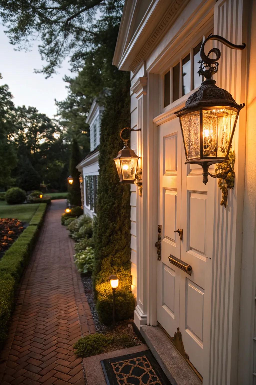 Classic lanterns provide a welcoming glow and enhance the colonial style.