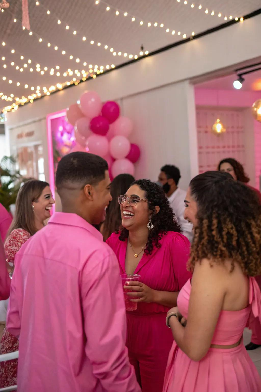 Guests embracing the pink-themed dress code.