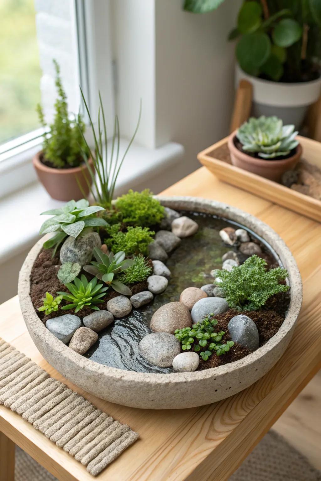 Bring the tranquility of nature indoors with a charming clay miniature garden scene.