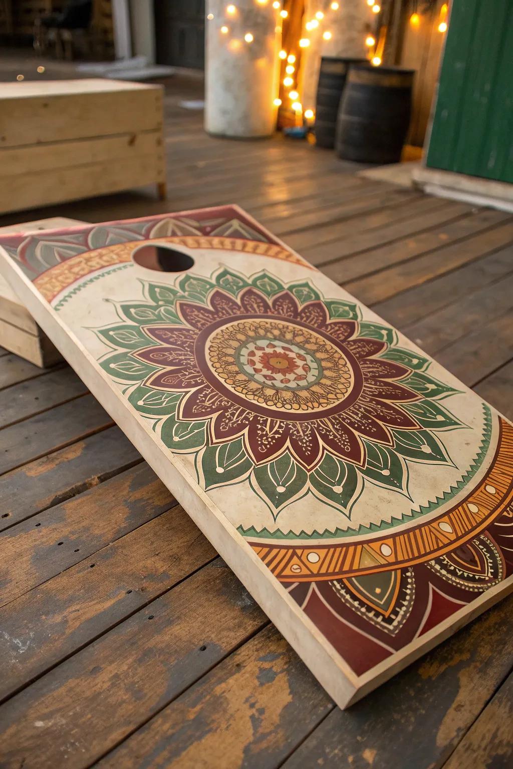 Bring a touch of bohemian elegance to your game with these enchanting cornhole board designs.