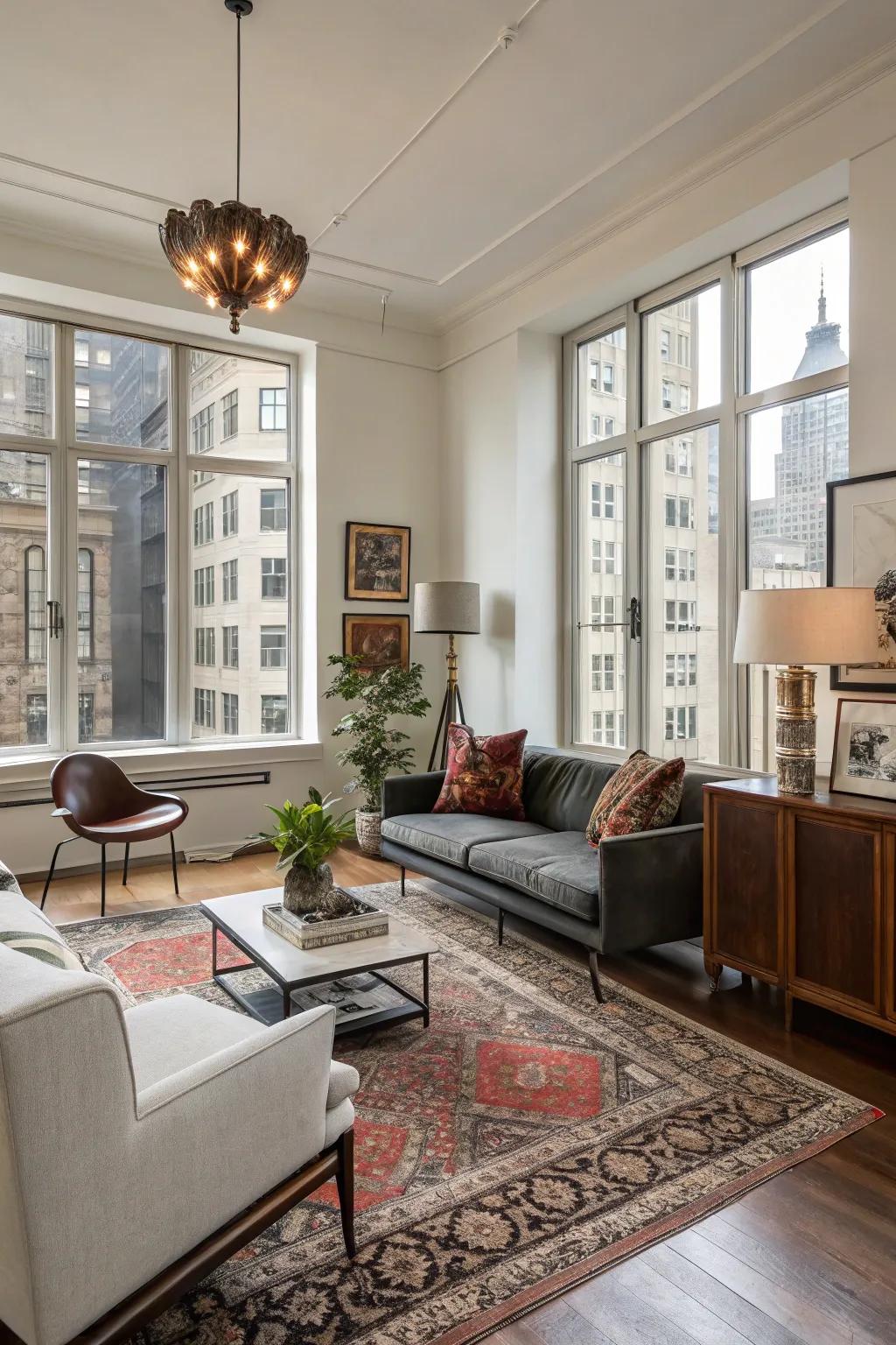 A mix of modern and traditional styles creates a harmonious and unique space.