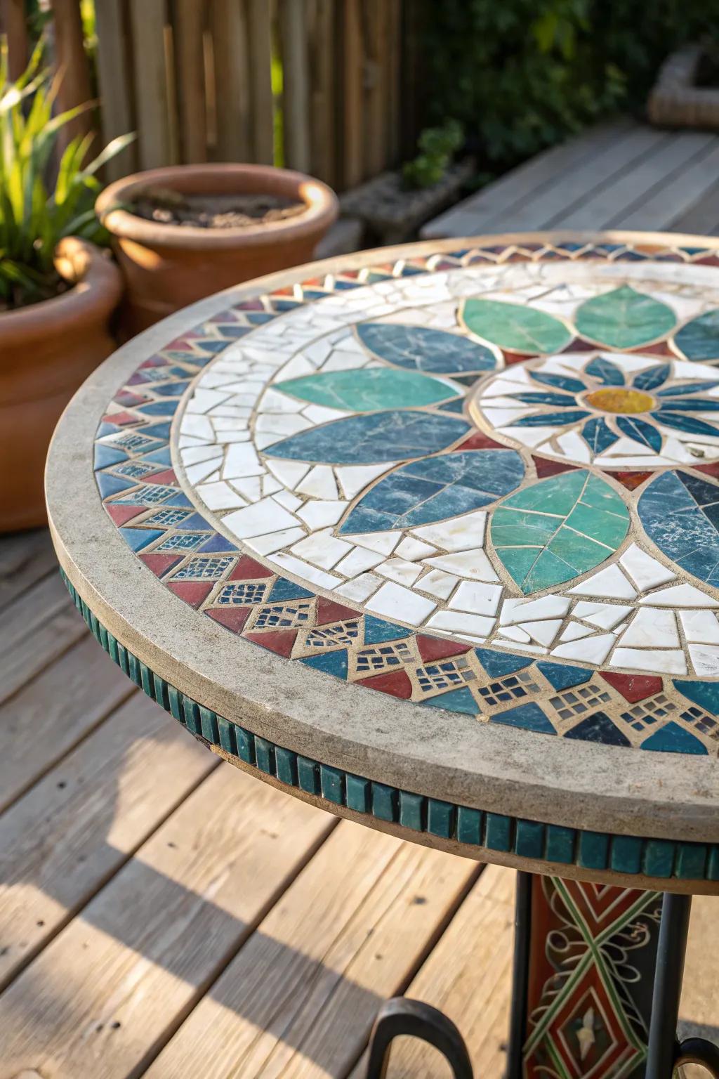 Transform your deck into a vibrant retreat with a DIY mosaic tabletop centerpiece.