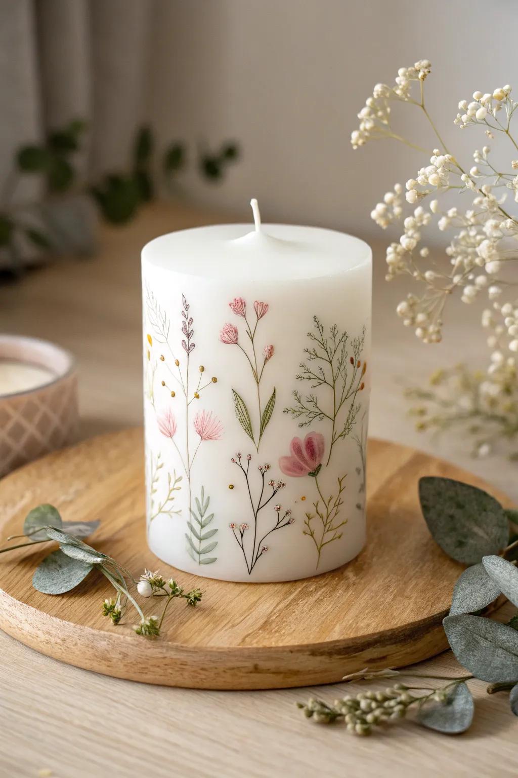 Add a touch of natural beauty to your home with these exquisite floral candles. Perfect for creating an elegant centerpiece.