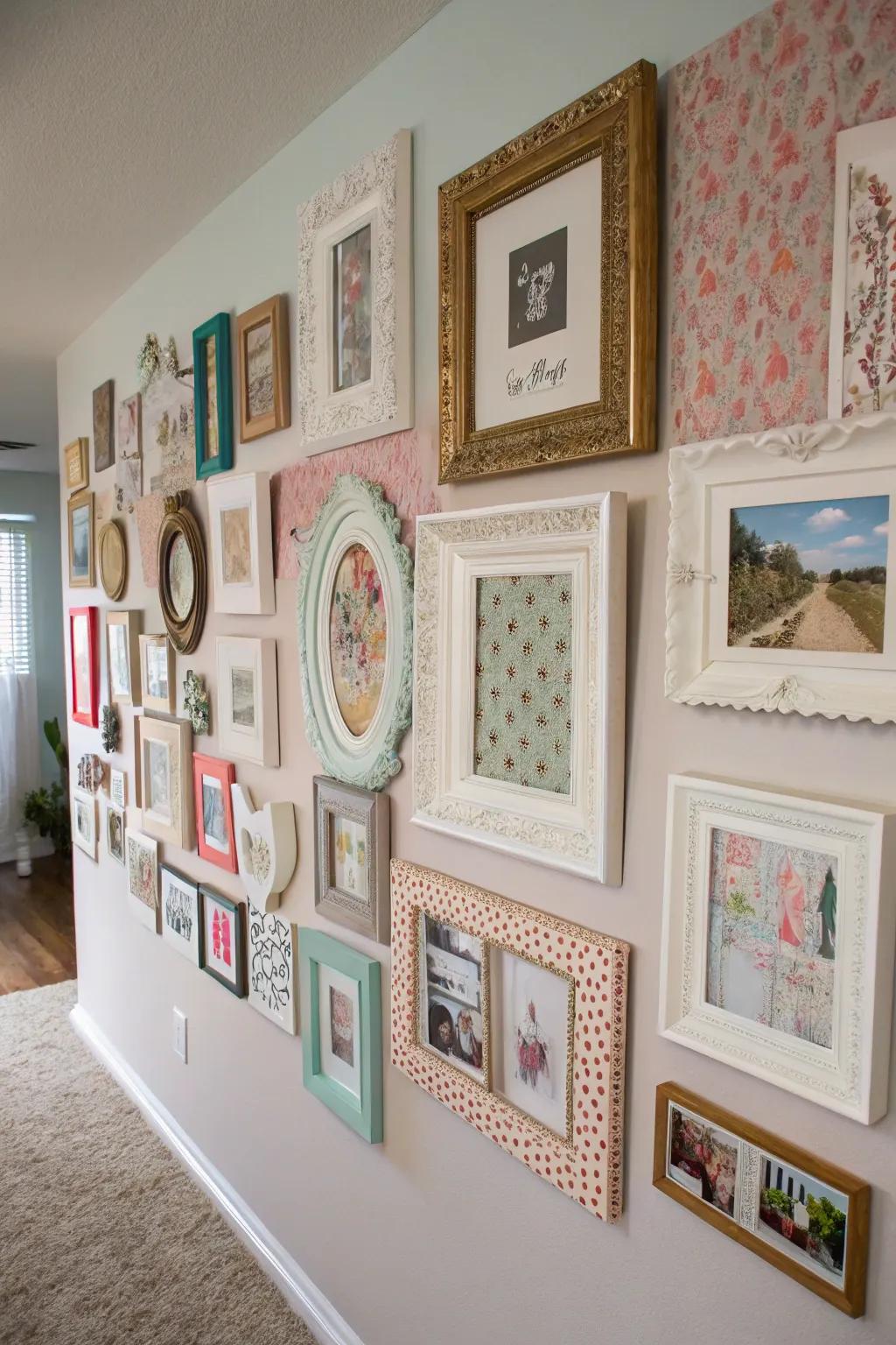 An eclectic mix of frames adds character to the wall.