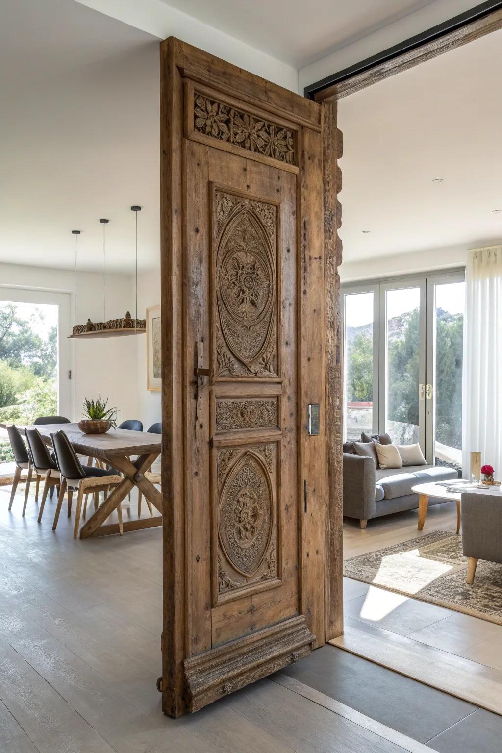 Transform your space with a touch of vintage elegance: a rustic door as a chic room divider.