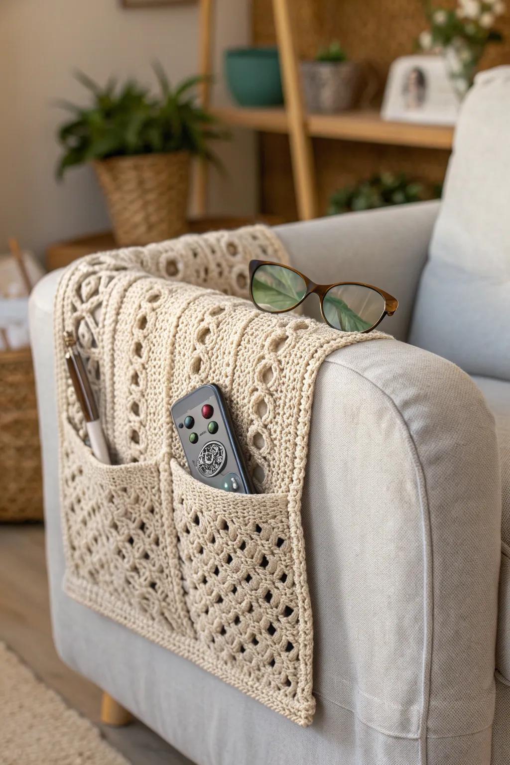 Keep dad's essentials stylishly organized with a handcrafted crochet armchair caddy—where simplicity meets craftsmanship.