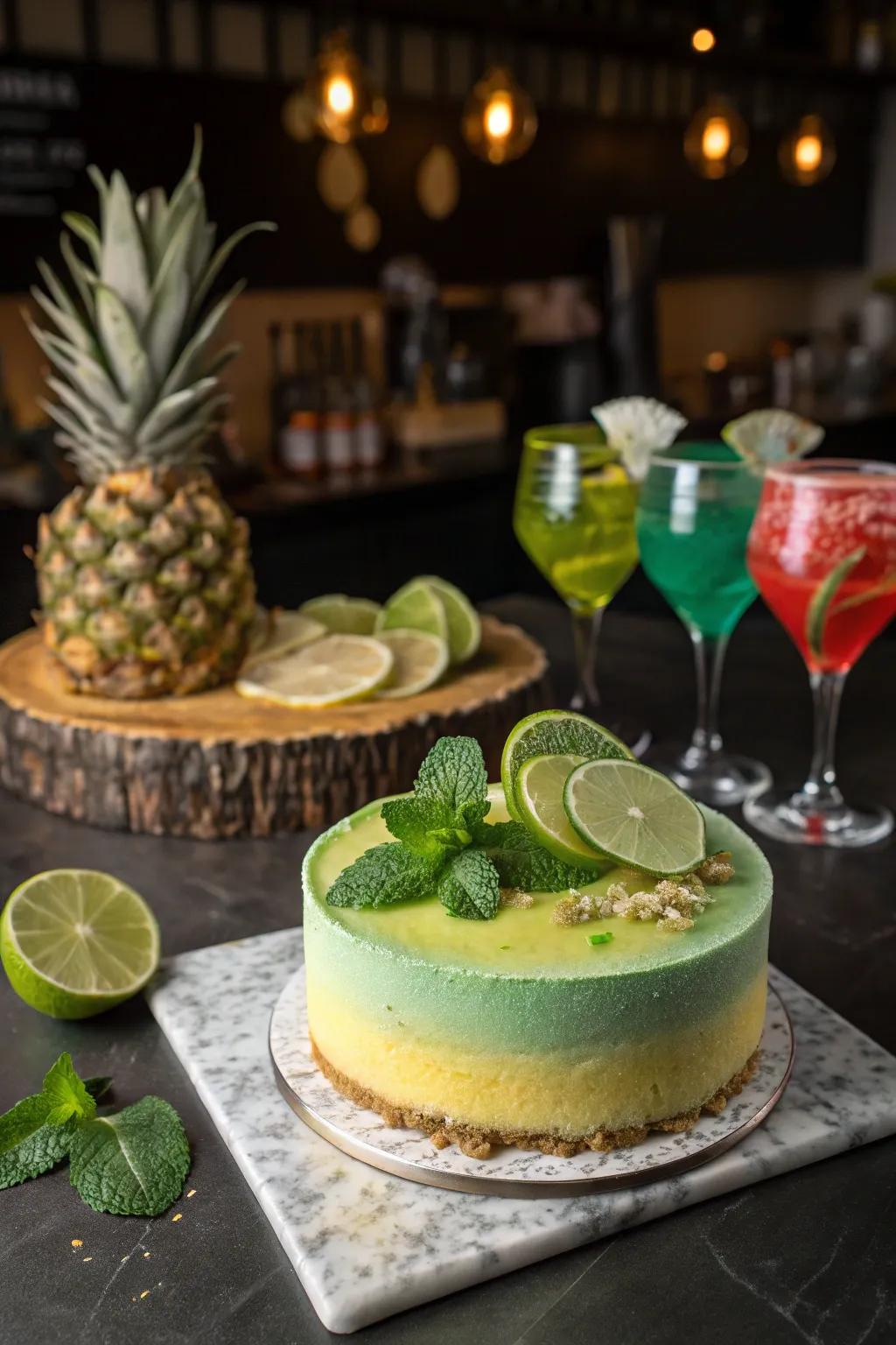 A refreshing Mojito Cake with vibrant lime and mint accents.