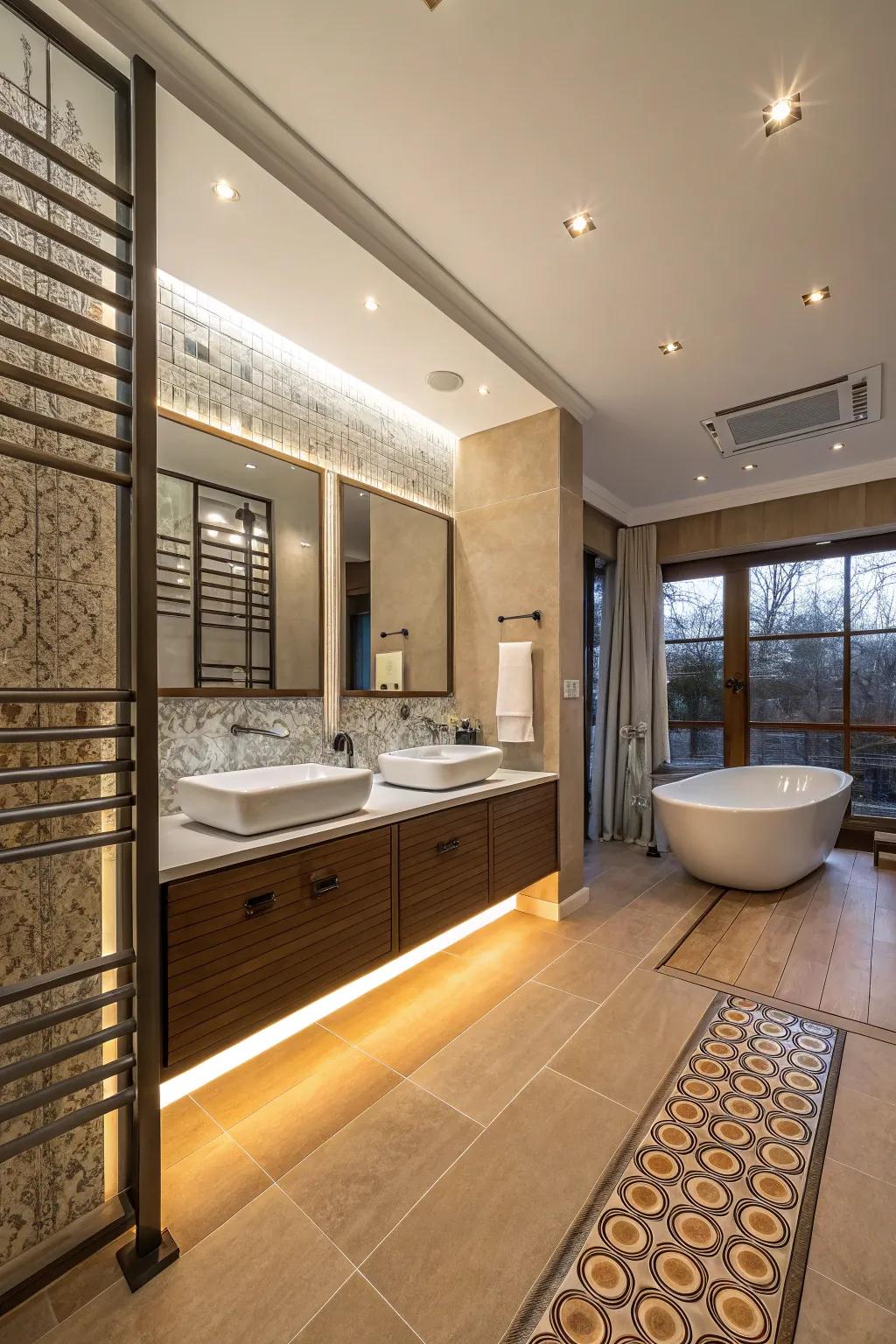 Luxurious heated flooring in a contemporary bathroom.