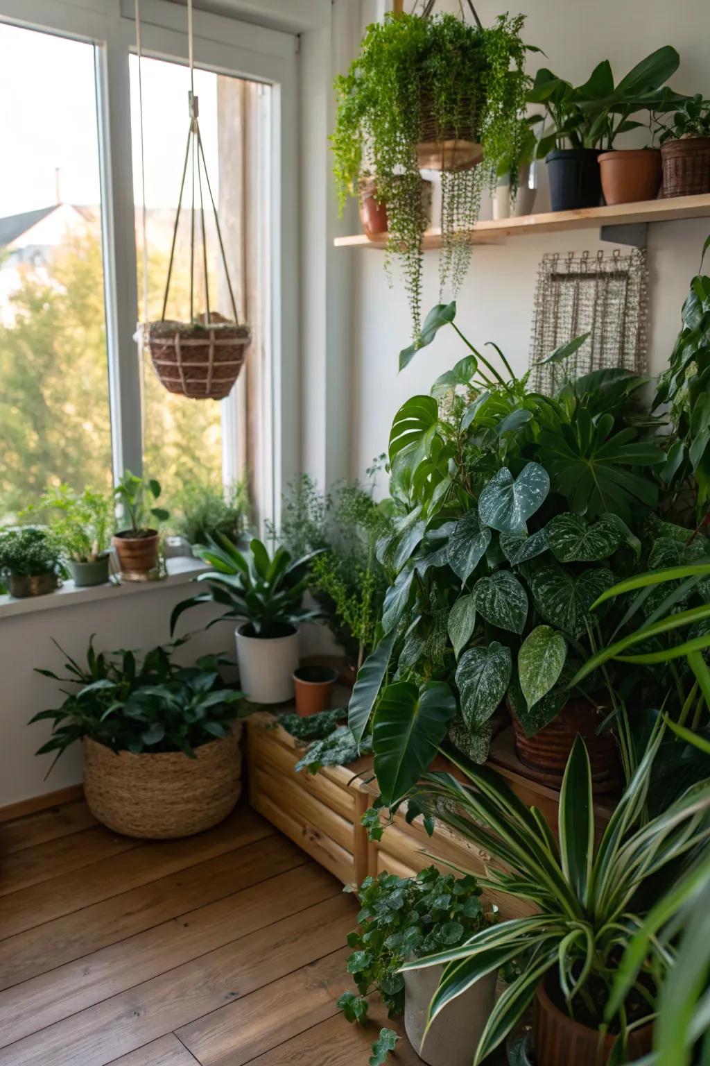 A dedicated plant corner creates a lush oasis.