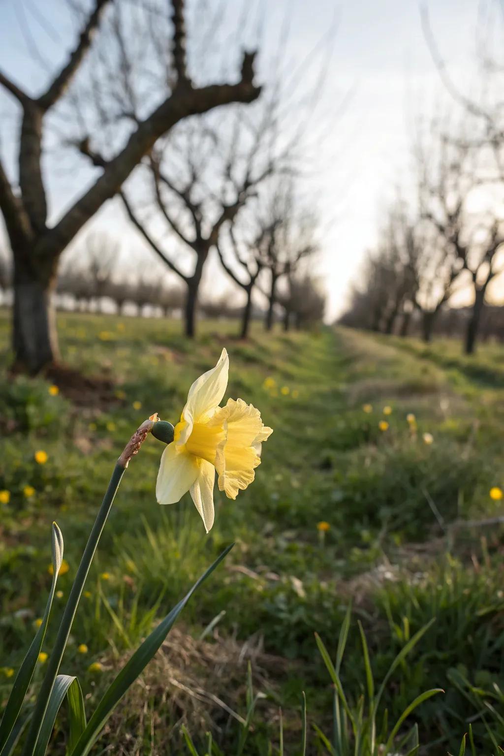 Nature's Craft: A Daffodil Welcomes Spring in the Orchard