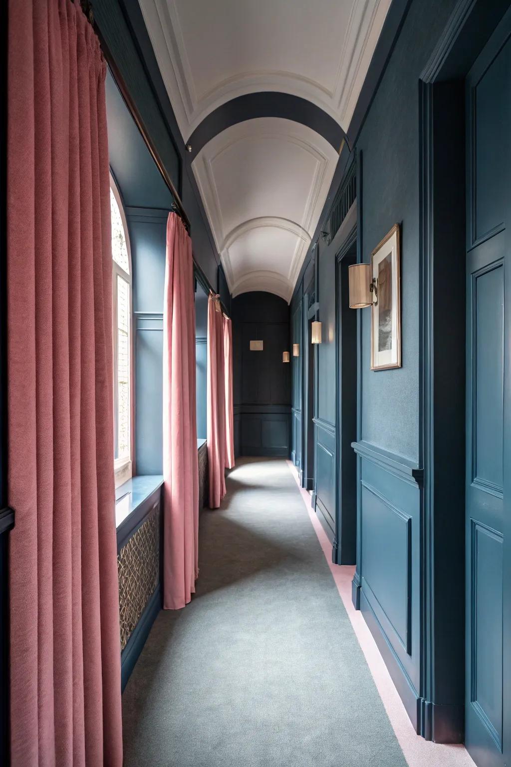 Soft pinks beautifully soften the boldness of dark blue.