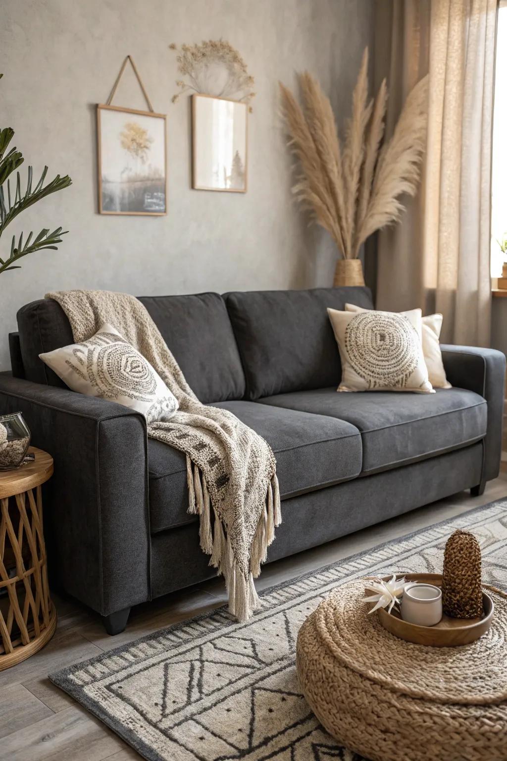 Neutral tones complement the dark grey couch for a balanced look.