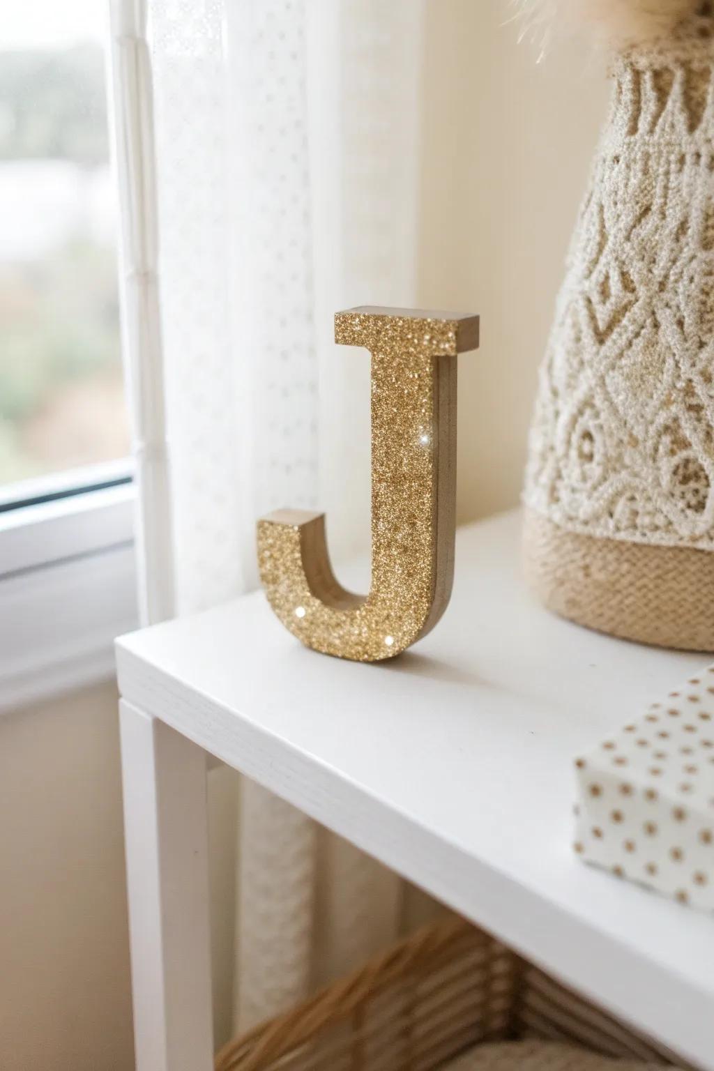 Add a touch of sparkle to your decor with this glittery wooden letter 'J'—perfect for a chic, minimalist space.
