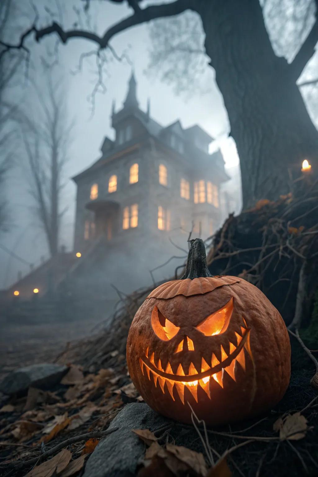 Elevate your Halloween décor with this hauntingly detailed demon pumpkin carving, perfect for a chilling centerpiece.