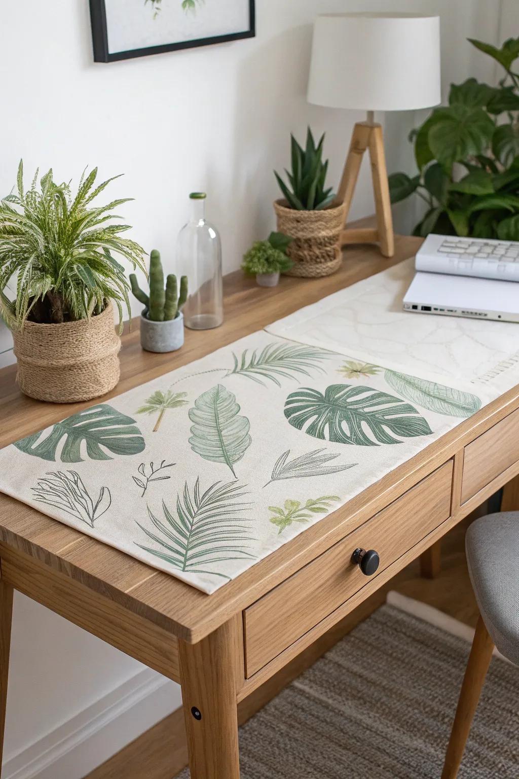 Transform your workspace into a Plant Lovers' Haven with this chic, greenery-inspired desk cover. #ScandinavianStyle #BohoCharm #WorkspaceInspiration