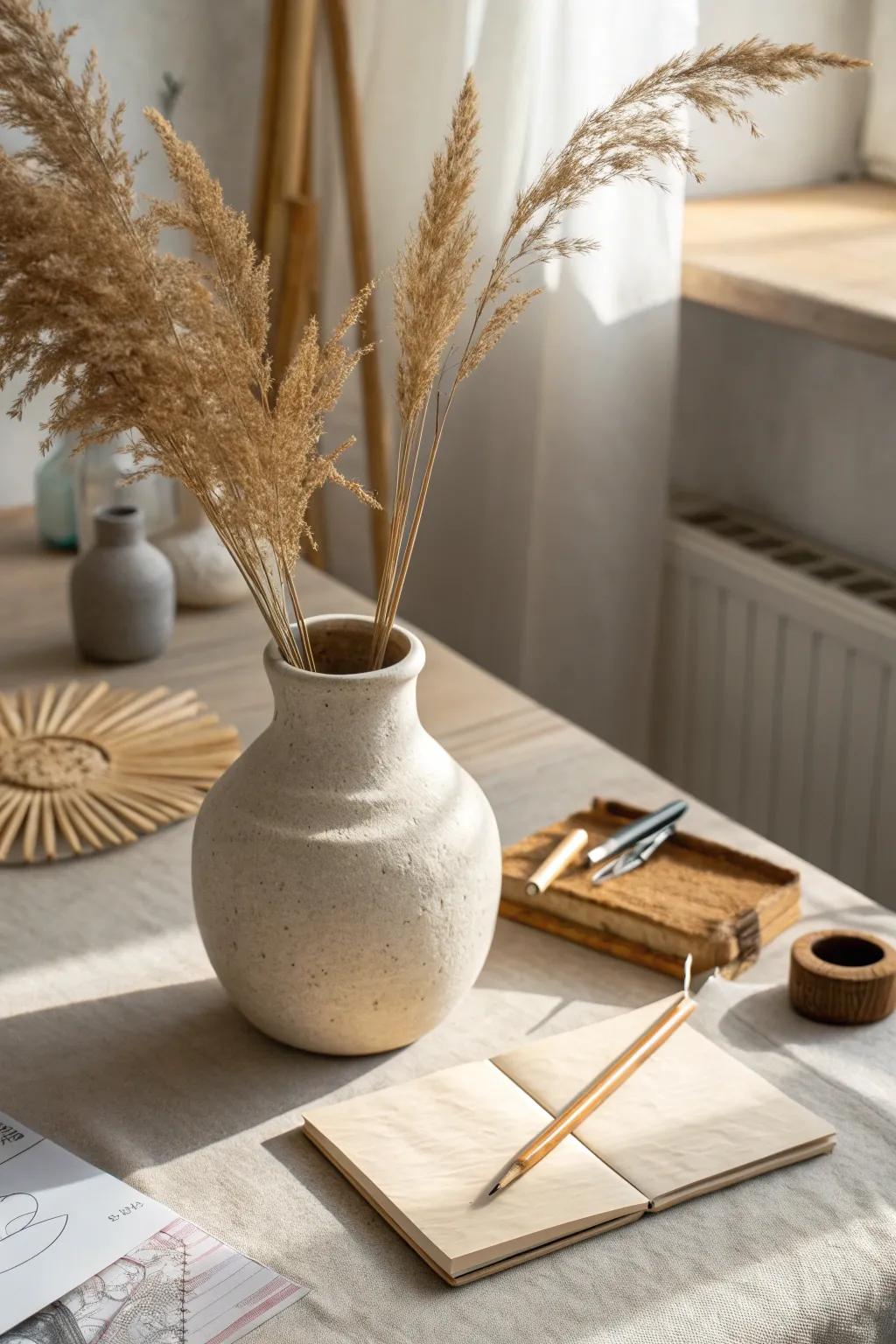Elevate your workspace with nature-inspired neutrals for a calming and stylish desk aesthetic.